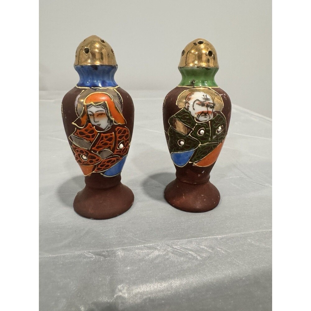Vintage Japan Figural Salt Pepper Shakers Hand Painted Gold Tops Cork Stoppers